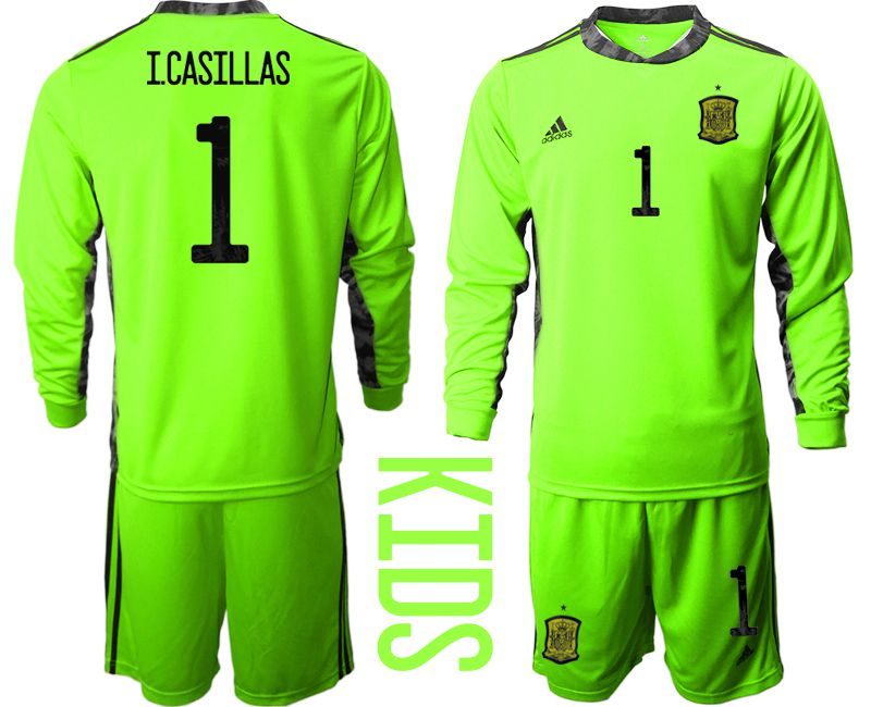 Youth 2021 World Cup National Spain fluorescent green goalkeeper long sleeve #1 Soccer Jerseys->->Soccer Country Jersey